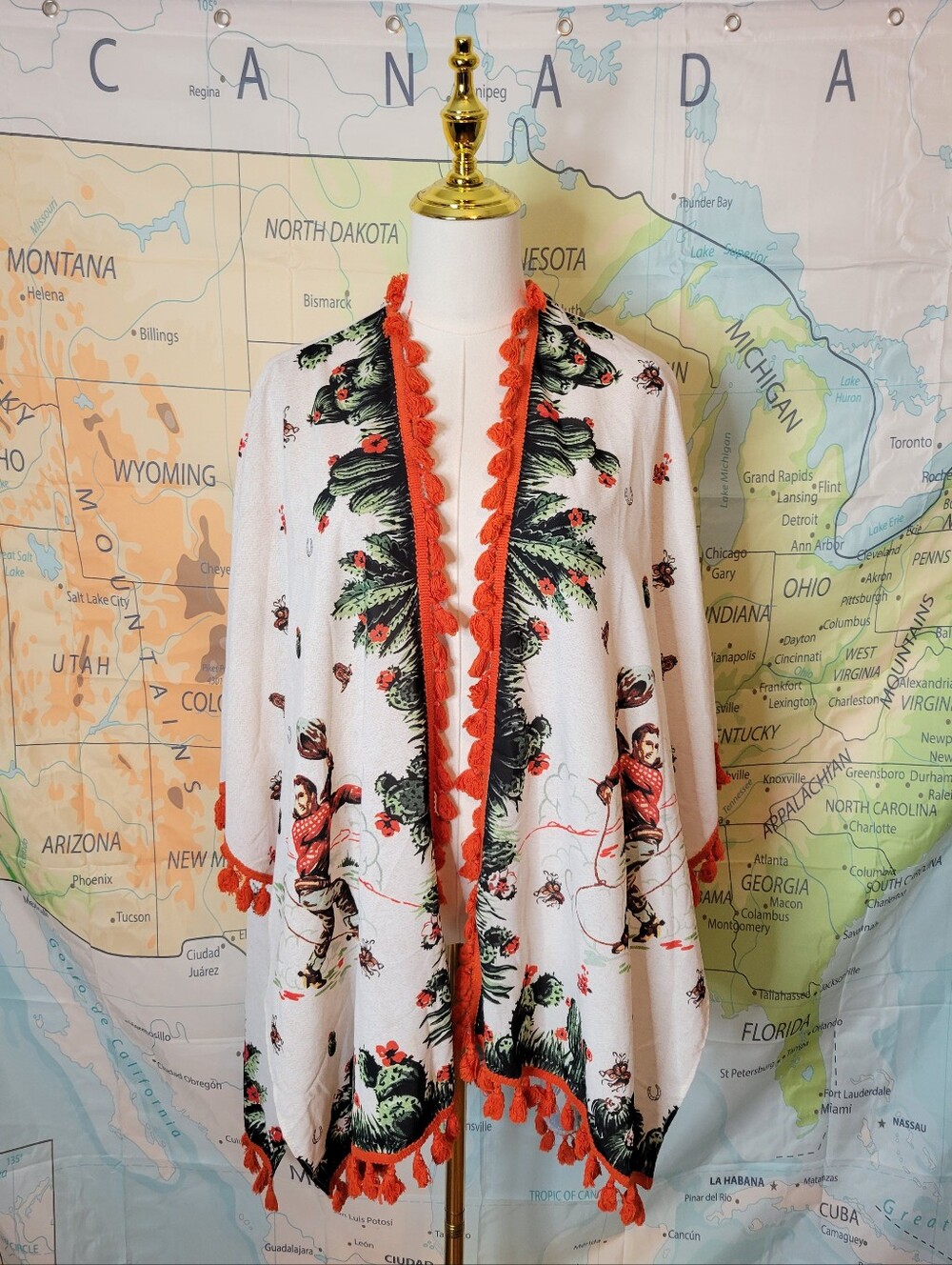 White & Red Floral Western Tassel Open Front Women's Kimono